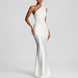 Women's One-Shoulder Draped Satin Maxi Dress - Wedding Guest | Summer - White