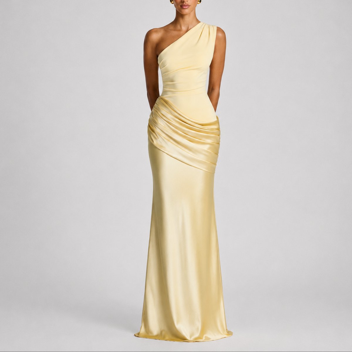 Women's One-Shoulder Draped Satin Maxi Dress - Wedding Guest | Summer - Yellow