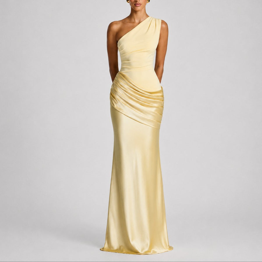 Women's One-Shoulder Draped Satin Maxi Dress - Wedding Guest | Summer - Yellow