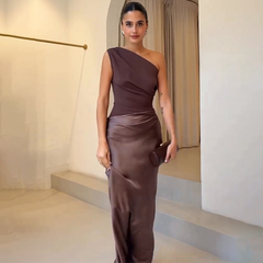 Women's One-Shoulder Evening Dress - Elegant Asymmetric Gown | Summer - Dark Brown