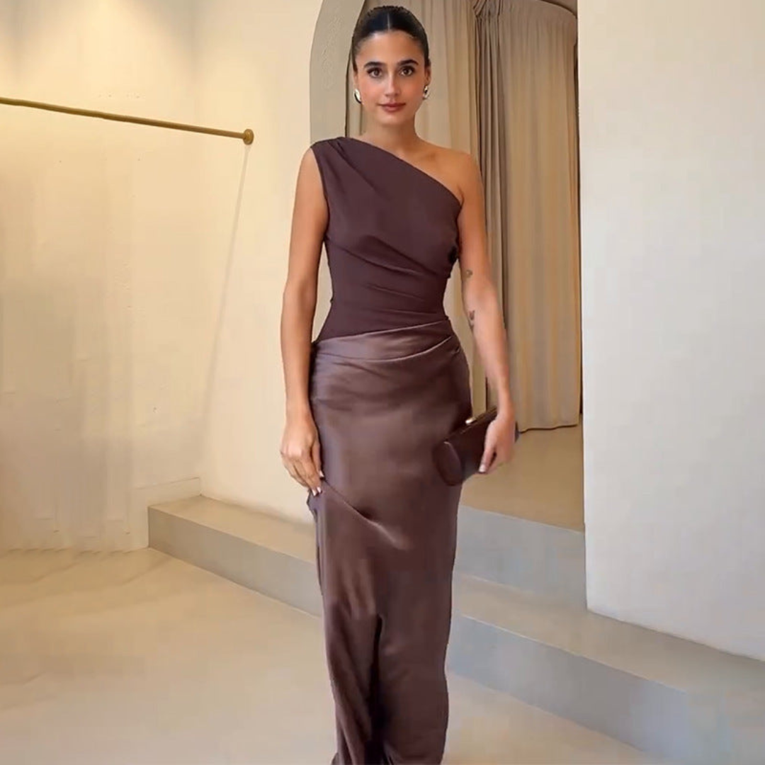 Women's One-Shoulder Evening Dress - Elegant Asymmetric Gown | Summer - Dark Brown