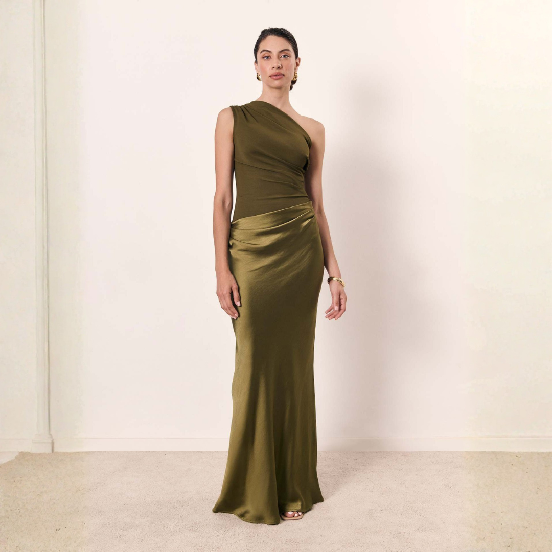 Women's One-Shoulder Evening Dress - Elegant Asymmetric Gown | Summer - Matcha Green
