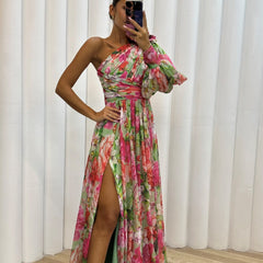 Women's One-Shoulder Floral Dress - Summer Events - Pink