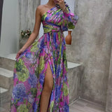 Women's One-Shoulder Floral Dress - Summer Events - Purple