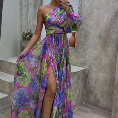 Women's One-Shoulder Floral Dress - Summer Events - Purple