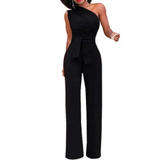 Women's One-Shoulder Jumpsuit | Tie Waist | Spring - Black
