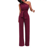 Women's One-Shoulder Jumpsuit | Tie Waist | Spring - Wine Red