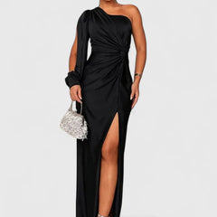 Women's One-Shoulder Maxi Dress - Elegant Evening Gown | Autumn - Black