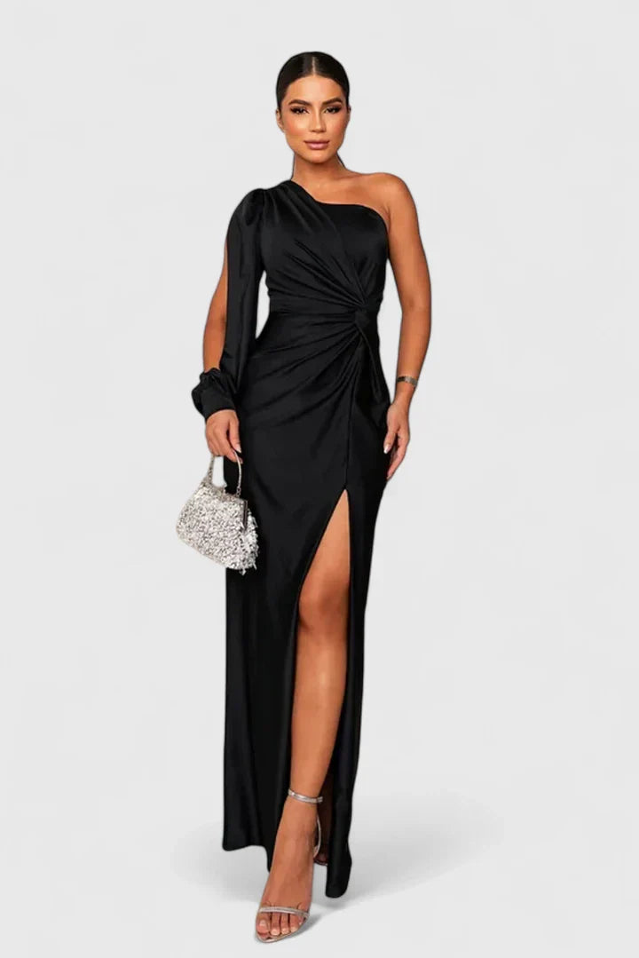 Women's One-Shoulder Maxi Dress - Elegant Evening Gown | Autumn - Black