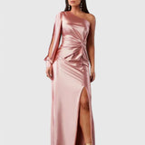 Women's One-Shoulder Maxi Dress - Elegant Evening Gown | Autumn - Blush Pink