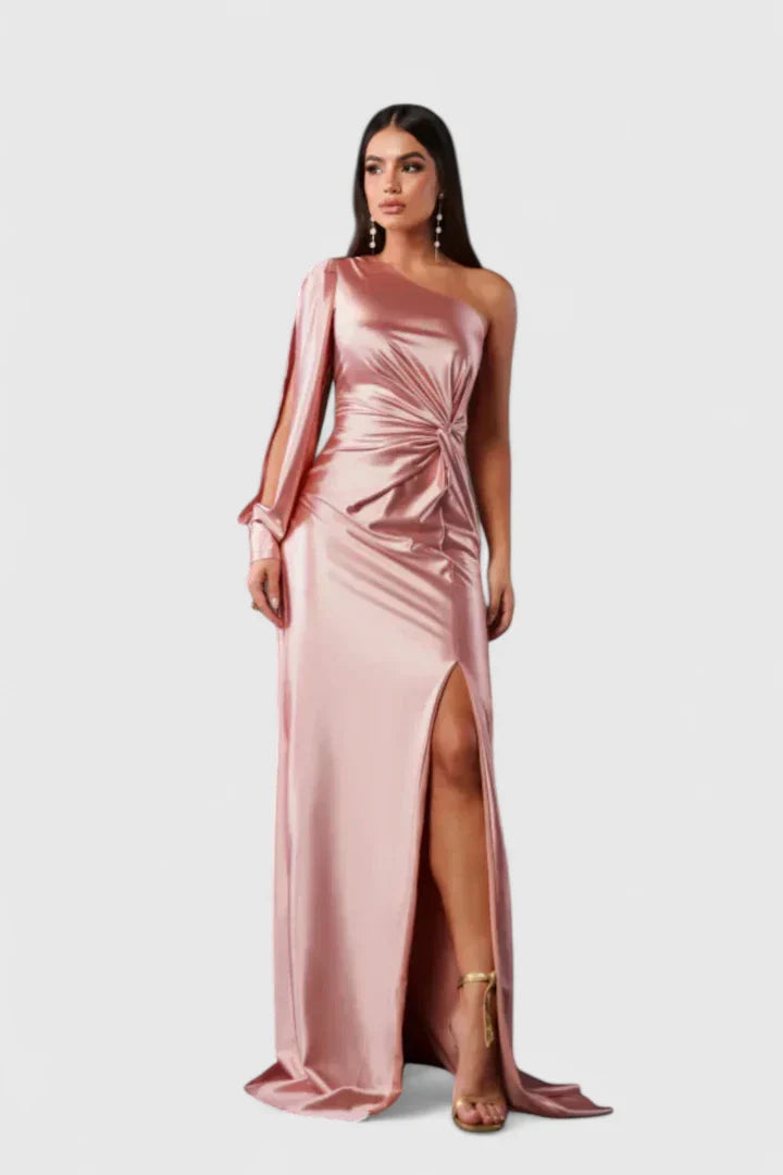 Women's One-Shoulder Maxi Dress - Elegant Evening Gown | Autumn - Blush Pink