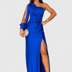 Women's One-Shoulder Maxi Dress - Elegant Evening Gown | Autumn - Electric Blue