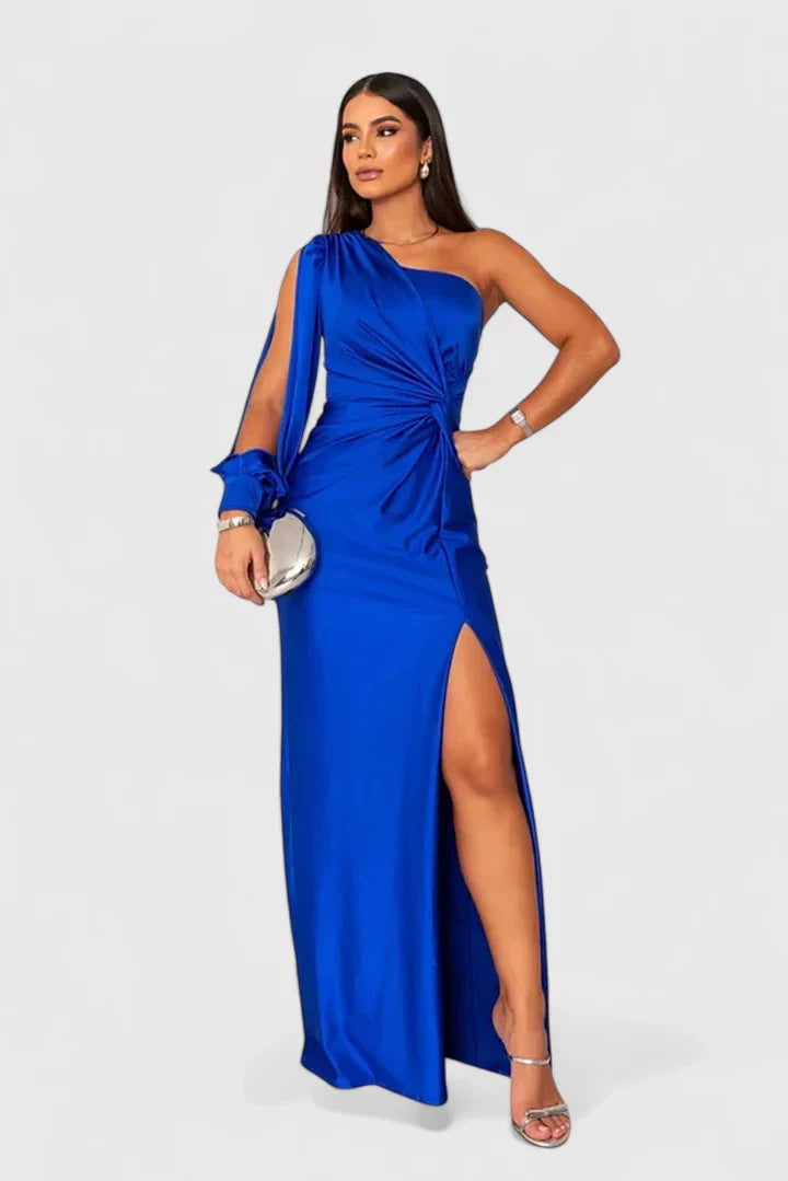 Women's One-Shoulder Maxi Dress - Elegant Evening Gown | Autumn - Electric Blue