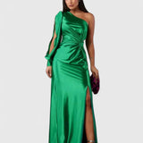 Women's One-Shoulder Maxi Dress - Elegant Evening Gown | Autumn - Emerald Green