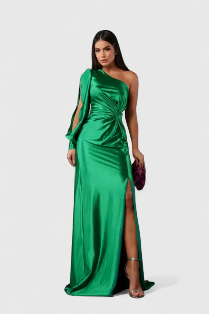 Women's One-Shoulder Maxi Dress - Elegant Evening Gown | Autumn - Emerald Green