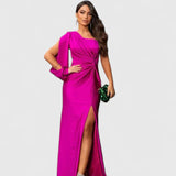 Women's One-Shoulder Maxi Dress - Elegant Evening Gown | Autumn - Fuchsia