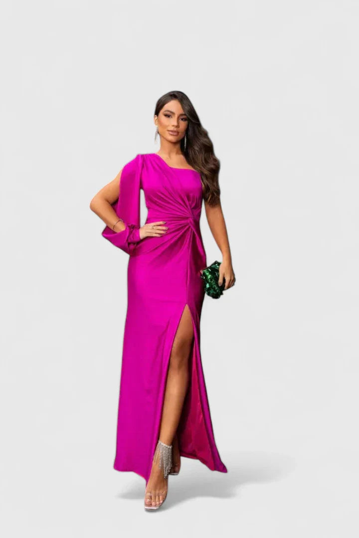 Women's One-Shoulder Maxi Dress - Elegant Evening Gown | Autumn - Fuchsia