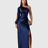 Women's One-Shoulder Maxi Dress - Elegant Evening Gown | Autumn - Navy Blue