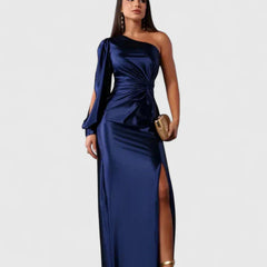 Women's One-Shoulder Maxi Dress - Elegant Evening Gown | Autumn - Navy Blue