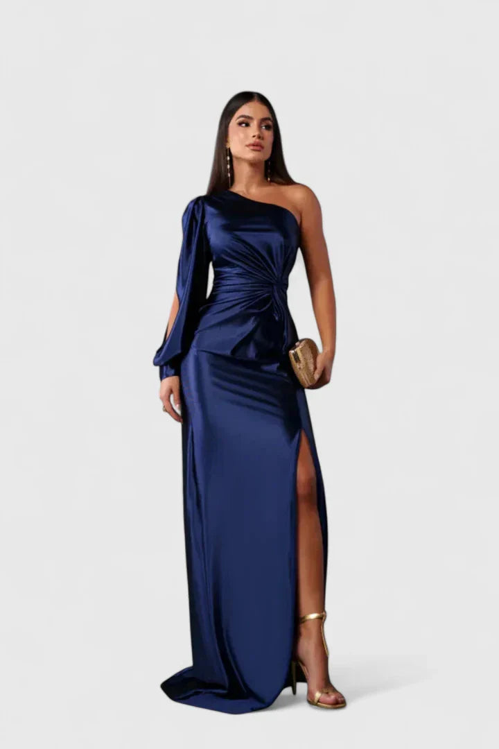 Women's One-Shoulder Maxi Dress - Elegant Evening Gown | Autumn - Navy Blue