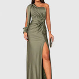 Women's One-Shoulder Maxi Dress - Elegant Evening Gown | Autumn - Olive Green