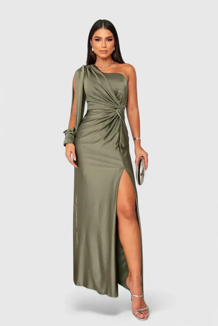 Women's One-Shoulder Maxi Dress - Elegant Evening Gown | Autumn - Olive Green