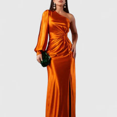 Women's One-Shoulder Maxi Dress - Elegant Evening Gown | Autumn - Orange