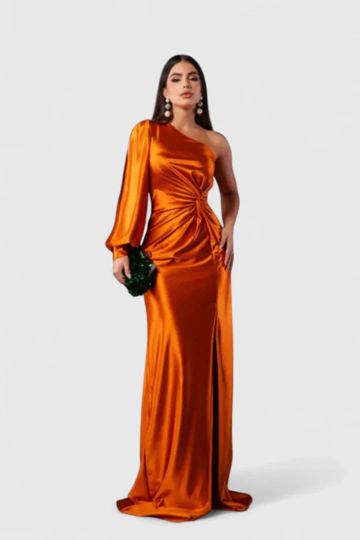 Women's One-Shoulder Maxi Dress - Elegant Evening Gown | Autumn - Orange