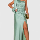 Women's One-Shoulder Maxi Dress - Elegant Evening Gown | Autumn - Pastel Green