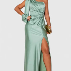 Women's One-Shoulder Maxi Dress - Elegant Evening Gown | Autumn - Pastel Green