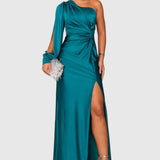 Women's One-Shoulder Maxi Dress - Elegant Evening Gown | Autumn - Turquoise