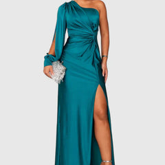 Women's One-Shoulder Maxi Dress - Elegant Evening Gown | Autumn - Turquoise