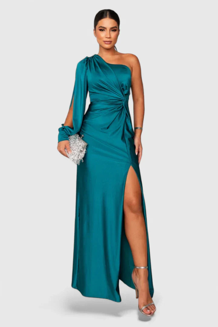 Women's One-Shoulder Maxi Dress - Elegant Evening Gown | Autumn - Turquoise