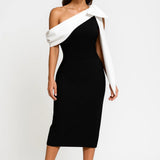 Women's One-Shoulder Midi Dress | Asymmetric | Winter - Black