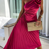 Women's One-Shoulder Pleated Maxi Dress - Elegant Evening Wear - Red