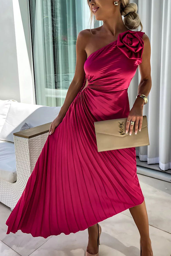 Women's One-Shoulder Pleated Maxi Dress - Elegant Evening Wear - Red