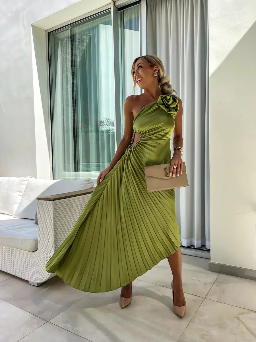 Women's One-Shoulder Pleated Maxi Dress - Elegant Evening Wear