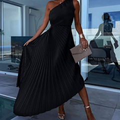 Women's One Shoulder Pleated Maxi Dress - Wedding Guest | Spring - Black
