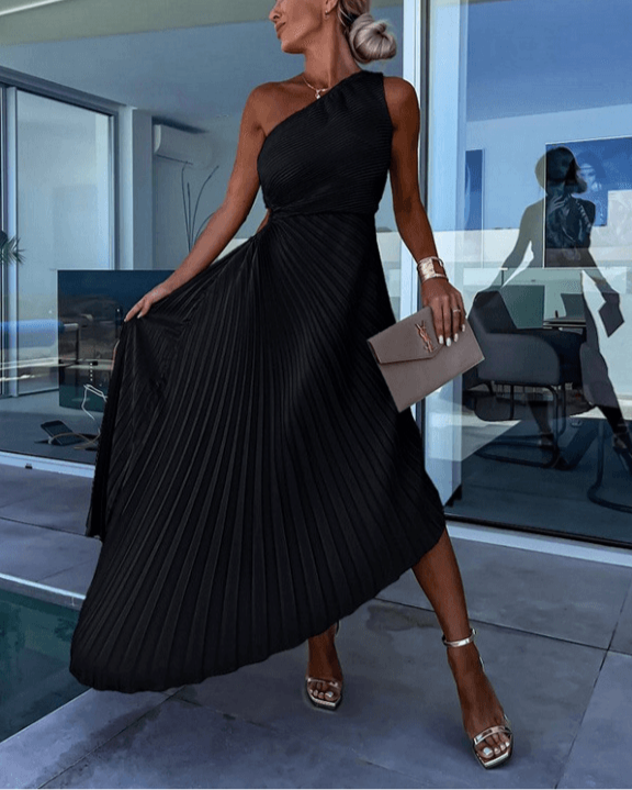 Women's One Shoulder Pleated Maxi Dress - Wedding Guest | Spring - Black