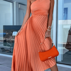 Women's One Shoulder Pleated Maxi Dress - Wedding Guest | Spring - Orange