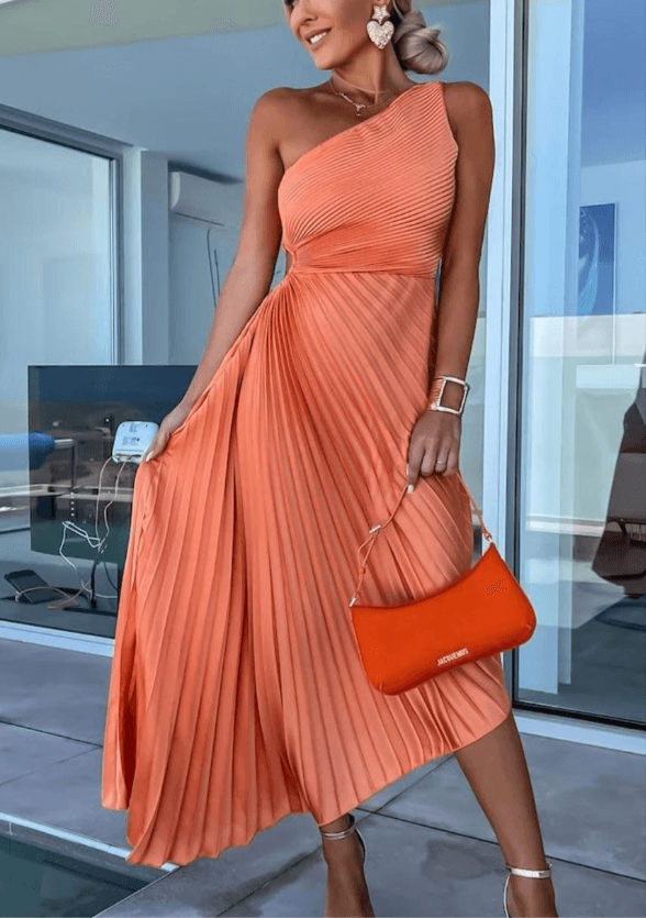 Women's One Shoulder Pleated Maxi Dress - Wedding Guest | Spring - Orange