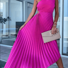 Women's One Shoulder Pleated Maxi Dress - Wedding Guest | Spring - Pink