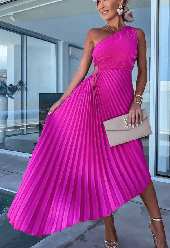 Women's One Shoulder Pleated Maxi Dress - Wedding Guest | Spring - Pink