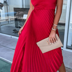 Women's One Shoulder Pleated Maxi Dress - Wedding Guest | Spring - Red