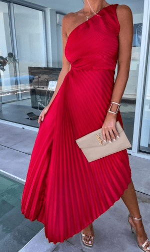 Women's One Shoulder Pleated Maxi Dress - Wedding Guest | Spring - Red