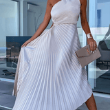Women's One Shoulder Pleated Maxi Dress - Wedding Guest | Spring - White