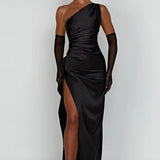 Women's One-Shoulder Satin Dress | Elegant | Spring - Black
