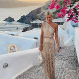 Women's One-Shoulder Sequin Maxi Dress with Side Slit | Summer - Champagne
