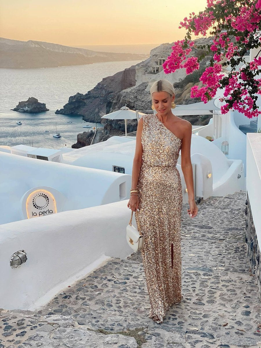 Women's One-Shoulder Sequin Maxi Dress with Side Slit | Summer - Champagne