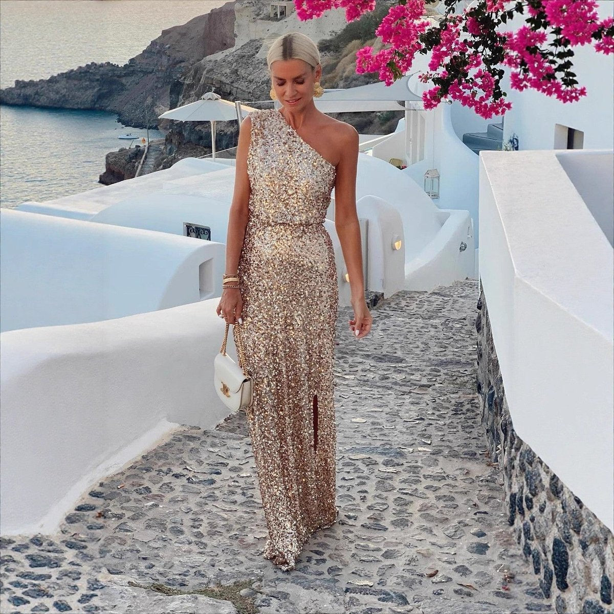 Women's One-Shoulder Sequin Maxi Dress with Side Slit | Summer